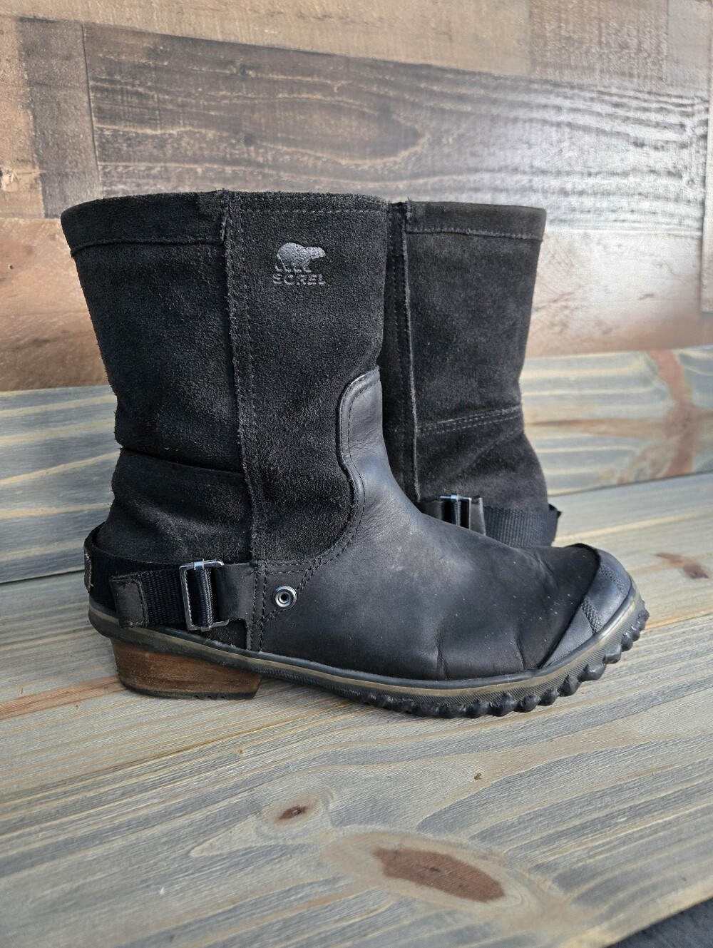 SOREL NL2107 010 SLIMSHORTIE LEATHER & RUBBER DUCK BOOTS Size 10 BLACK